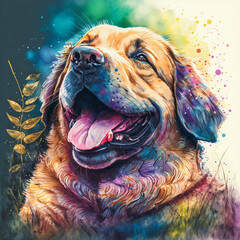Watercolor happy dog illustration, Generative AI
