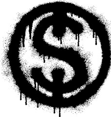 Dollar coin icon in circle with black spray paint. 