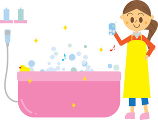 自宅の浴槽をピカピカに掃除している女性のイラスト・年末大掃除・
