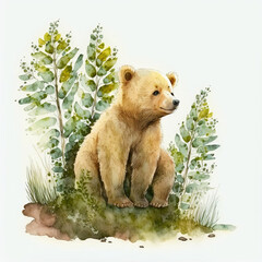 Watercolor cute bear with leaves around and sitting in the jungle, Generative AI