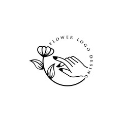 Female hand logo in minimalistic linear style. Vector emblem with hand holding flower gesture.