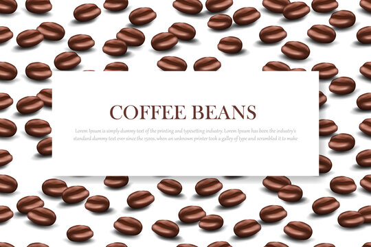 Banner With Spilled Coffee Beans At The Top And Bottom Of The Image And With Space For Text In The Middle. Realistic 3d Vector Graphics With Shadows