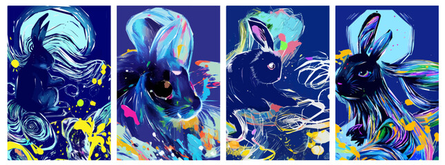 Rabbit on blue abstract background with colorful paint, splatter and shapes. Suitable for greeting cards, fabrics, wrappers, postcards, banners.
