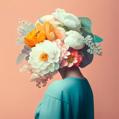 A portrait of a faceless woman who instead of a face has a huge decoration of a bouquet of fresh, pastel flowers. Abstract Spring concept. Illustration, Generative AI.