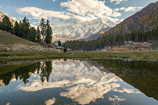 Nanga Parbat reflection in the lake, beautiful mountain view from Fairy Meadows, Pakistan