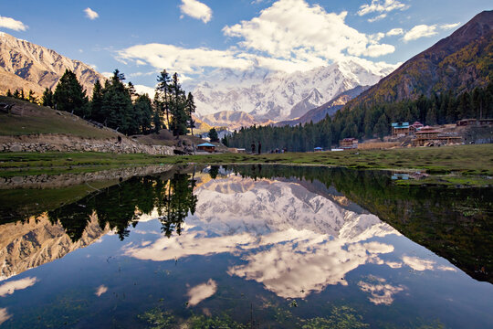 Nanga Parbat reflection in the lake, beautiful mountain view from Fairy Meadows, Pakistan