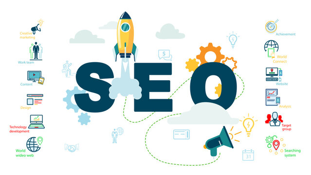 Top SEO Trends To Rank Your Website In 2023 and ahead. Search Engine Optimisation. info graphics, icons template for business, presentation flat design, options signs. Can used in business technology