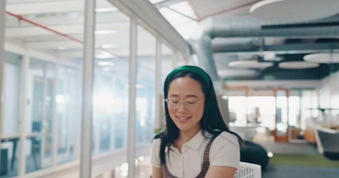 Business woman, happy at workplace with modern office and excited about job, success and pride. Startup, copywriter and laptop for writing, professional notebook and notes with happiness and energy.