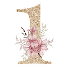 Gold number with watercolor flowers and leaf 