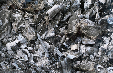 Burned wood texture. Black background, Details on the surface of charcoal, burnt wood texture, Grunge, burning fire, Dark material.