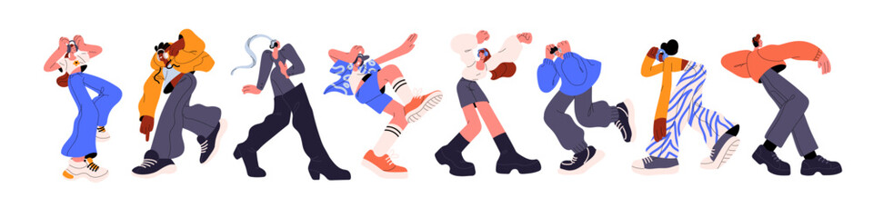 Happy young people dancing, listening to music in headphones. Modern men, women characters in earphones in action, motion, fun poses, movement. Flat vector illustrations isolated on white background