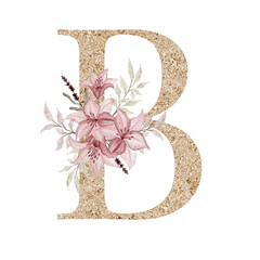 Floral alphabet, gold letter with watercolor flowers and leaf 