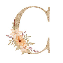 Floral alphabet, gold letter with watercolor flowers and leaf 