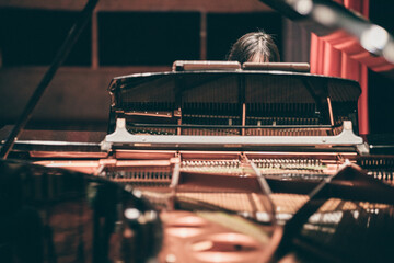 Indoor concert background abstract people performing music instruments in symphony orchestra piano