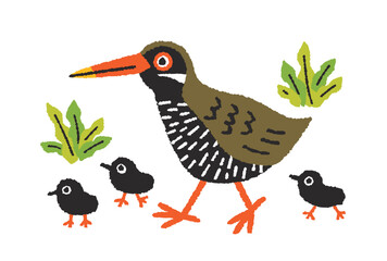 ヤンバルクイナ親子の手描きイラスト