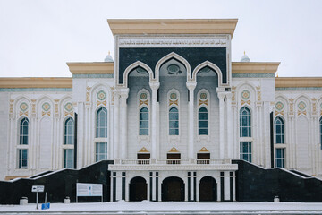 Panoramic view of snow-white modern Hazaret Sultan mosque early morning, Nur-Sultan, Astana, Kazakhstan. High quality photo
