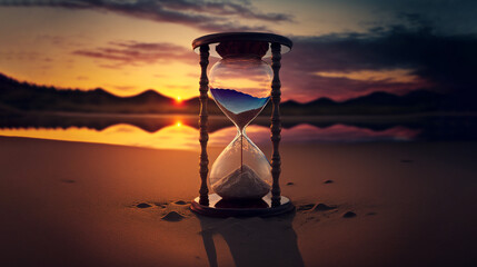 hourglass on the beach at sunset - obrazy, fototapety, plakaty