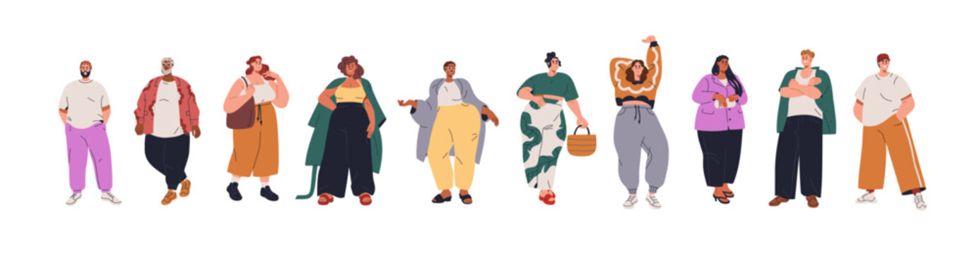 Happy people with plus-size curvy figures. Body-positive fat men, plump women. Modern pretty chubby chunky stout male and female characters. Flat vector illustrations isolated on white background