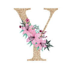 Floral alphabet, gold letter with watercolor flowers and leaf 