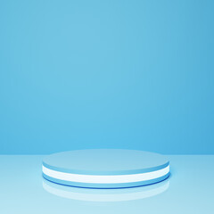 Blank podium pedestal or product platform isolated on blue sky color background with reflection minimal conceptual 3D rendering