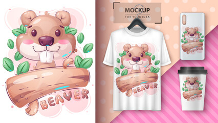 Cartoon character adorable beaver, pretty animal idea for print t-shirt, poster and kids envelope, postcard. Cute hand drawn style beaver © rwgusev