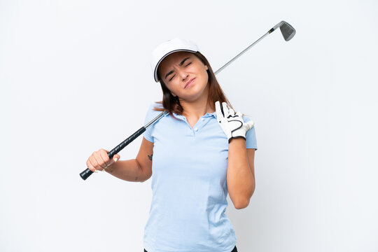Young caucasian woman playing golf isolated on white background suffering from pain in shoulder for having made an effort