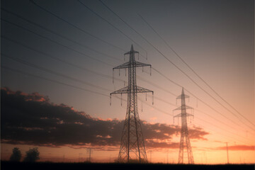 Fototapeta premium power lines at sunset. generated AI