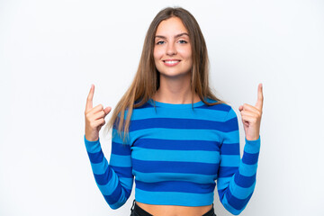 Young caucasian woman isolated on white background pointing up a great idea