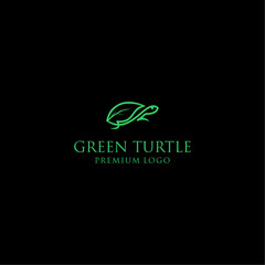 Green line art tortoise icon logo on black background.
Vector tortoise and leaves