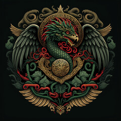 Quetzalcoatl illustration, serpent with precious feathers, god of Mayan and Mesoamerican culture. Generative AI.