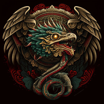 Quetzalcoatl illustration, serpent with precious feathers, god of Mayan and Mesoamerican culture. Generative AI.