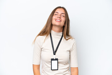 Young pretty woman with ID card isolated on white background laughing