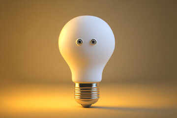 3D of Cute White Light Bulb with Shading and Lighting, Bright and Smart Conceptual