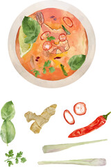 Watercolor illustration of tom yum plate and its ingridents lemongrass, chili, kafir lime, ginger