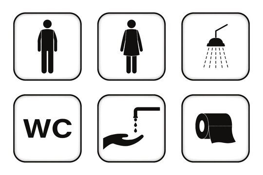 Restroom signs. WC signs. Toilet signs. Men, Women, shower room, hand washing and toilet paper icons.