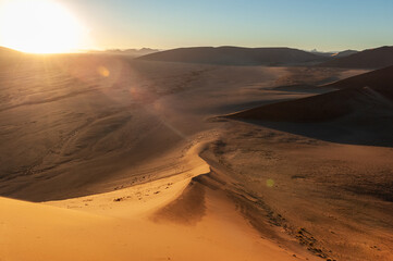 Exterior shot of the Namibian Sossusvlei sanddunes near the famous Dune 45 around sunrise