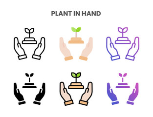 Plant in hand icons vector illustration set line, flat, glyph, outline color gradient. Great for web, app, presentation and more. Editable stroke and pixel perfect.