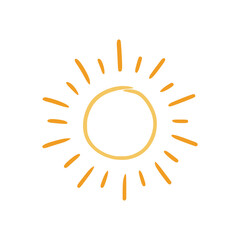 Doodle sun sketch illustration. Hand drawn cute orange sunshine. Scribble doodle children drawn style. Vector illustration