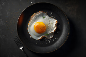 fried egg in black plate, top view. Generated AI