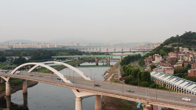 [korea drone footage] Seoul cityscape, Jongno, Mapo, Hongdae, , Hongik University, downtown