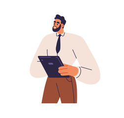 Business man with tablet PC, computer. Young businessman, entrepreneur with gadget in hands. Office worker, manager, advisor with clipboard. Flat vector illustration isolated on white background