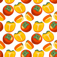 Vector seamless pattern with cartoon persimmon isolated on white. Juice fruit. Illustration used for magazine, book, poster, card, menu cover, web pages. Brand packaging.