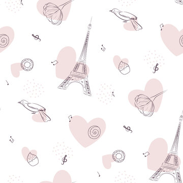 seamless pattern with eiffel tower, hearts and birds