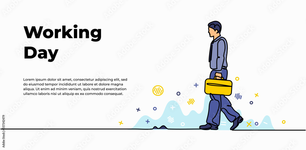 Poster working day web banner. vector illustration of man walking holding briefcase. modern flat in continu