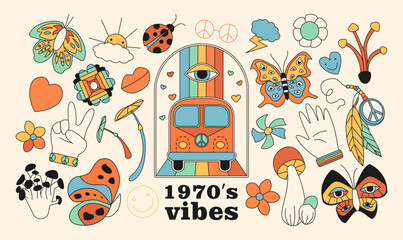 Set of hipster retro psychedelic elements. A collection of cool cliparts from the 70's. Set of groovy outline style elements