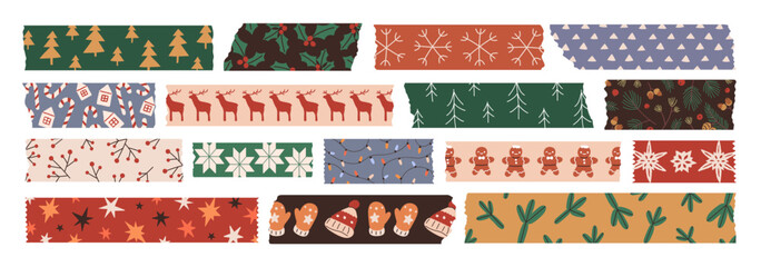 Christmas tapes set. Scotch stripes with winter holiday patterns. Xmas masking duct strips, adhesive ribbons with snowflakes, gingerbread print. Flat vector illustrations isolated on white background