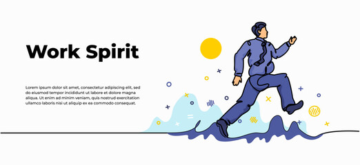 Work spirit web banner. Vector illustration of young man goes to work happily on a sunny morning. Modern flat in continuous line style.