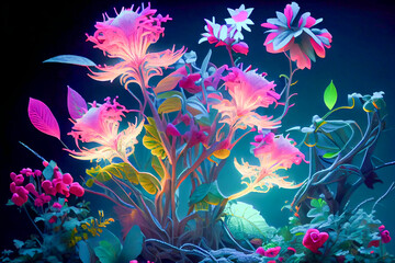 Fototapeta na wymiar Fantasy floral background with beautiful flowers, ai illustration
