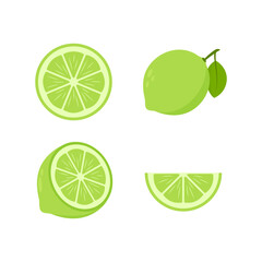 Set of limes. Lime slices. Fresh lime isolated on white background. Vector illustration.