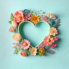 Creative Spring frame in heart shape made of fresh pastel flowers and leaves. Copy space. Soft pastel background, flat lay. Floral love decoration. Illustration, Generative AI.